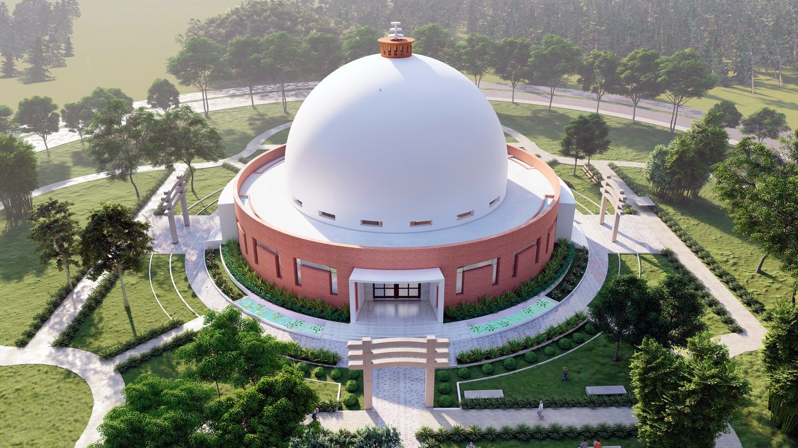 Aerial perspective of Prerna Sthal architecture and amphitheatre grounds