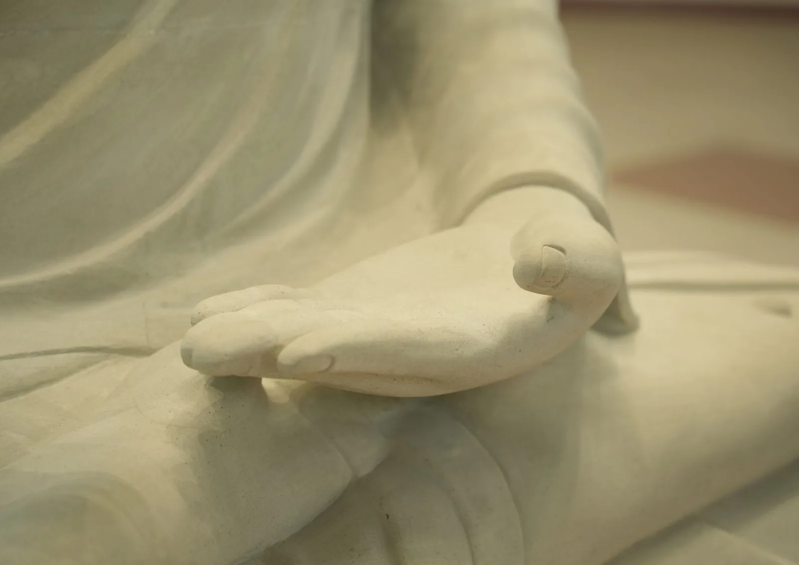 Close-up of the resting left hand of the Buddha statue